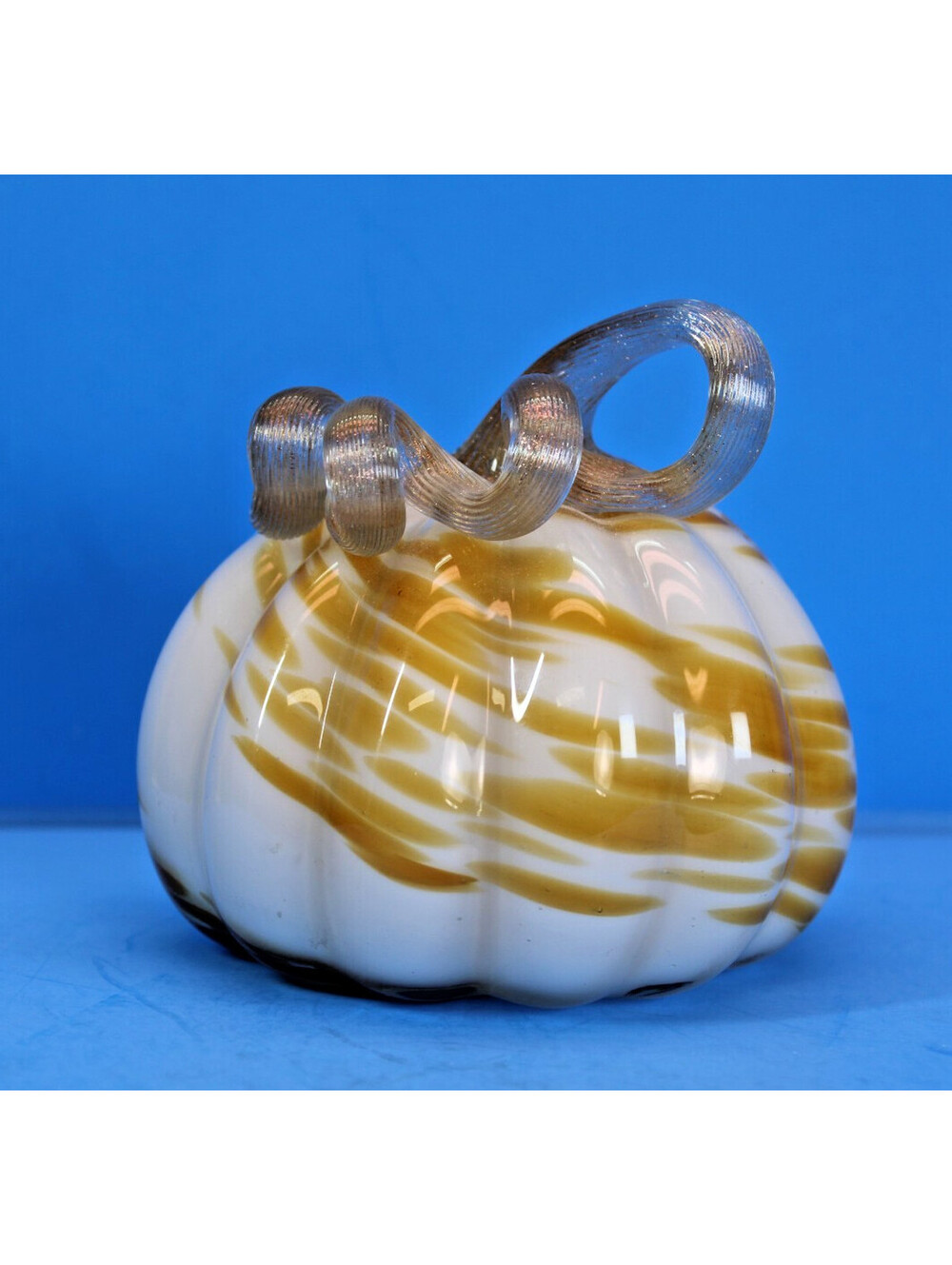 Handblown Glass Pumpkin Opaque White w Amber Gold Swirls Glittery Stem 5x5" Fall